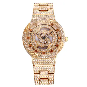 转动时钟表盘转动防水彩色时尚美元标志手表石英手表套装钻石28毫米黄金色