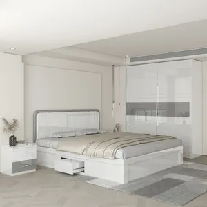 Vendita calda king bedroom set hotel king size camera da letto set di mobili testiera bianca e porta scorrevole armadio mdf storage camera da letto set