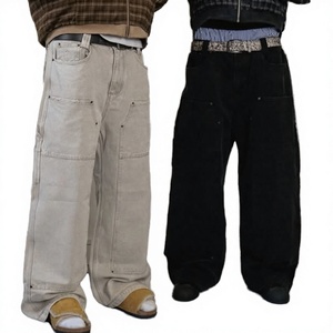 Jean en denim droit avec logo personnalisé, style streetwear, hip-hop, polyester/coton, délavé à l'acide, effet usé, respirant, cargo, double genouillère, coupe charpentier - Product Image 3