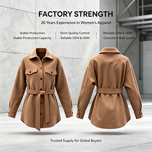 Veste chemise ceinturée pour femme, col à revers, coupe ample, en polyester imitation laine, manteau décontracté automne-hiver, vêtement d'extérieur, OEM ODM personnalisé - Product Image 2