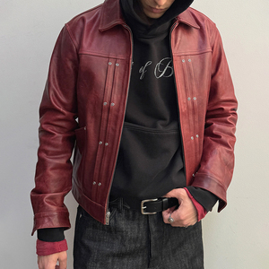 Vestes courtes zippées personnalisées pour hommes, vêtements d'extérieur de haute qualité, manteau en cuir rouge, design de veste en cuir tendance - Product Image 1