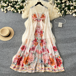 Vestido Maxi Floral Vintage de Primavera para Mujer, con Mangas de Encaje, Cuello en V Profundo, Botones al Frente, Vestidos para Vacaciones - Product Image 1
