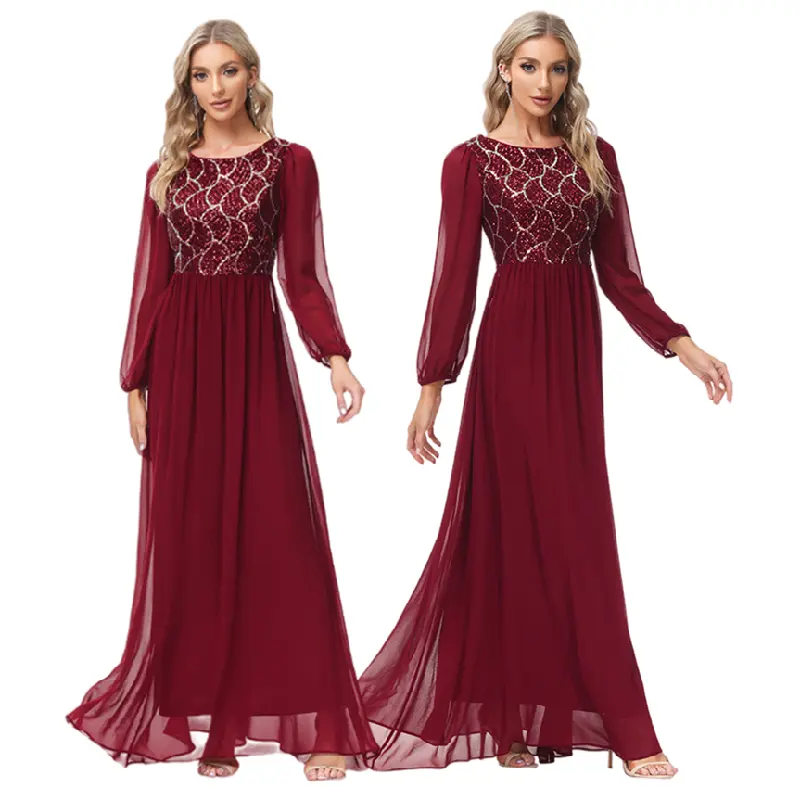 TW00042 High Quality Split Long Sleeve Chiffon Splice Sequin Dress Big Hen O Neck Backless Lined Gowns For Women Evening Dresses