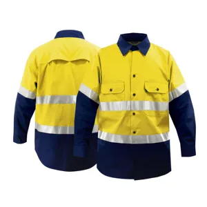 綿100% 高反射安全服Hi Visワークウェアマイニングメカニック構造黄色長袖メンズワークシャツ