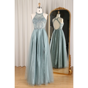 Moderne haut de gamme vert licou cou robe de fiançailles <span class=keywords><strong>Sexy</strong></span> queue de poisson Tulle avec Spaghetti sangle confortable perles paillettes Texture - Product Image 1