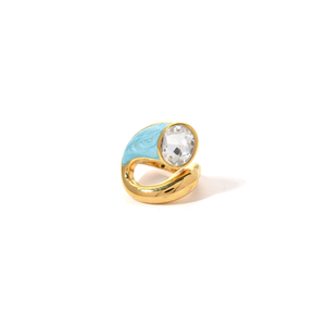 Fashion <b>Ring</b> 316L Stainless Steel PVD <b>Gold</b> Plating Blue Enamel Clear Crystal Stone Statement Jewelry - Product Image 2