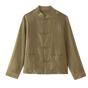 Camicetta da donna personalizzata 2026 in raso semplice <span class=keywords><strong>con</strong></span> bottoni tradizionali cinesi a <span class=keywords><strong>nodo</strong></span>, versatile top effetto seta per l'ufficio, OEM da fabbrica cinese - Product Image 1