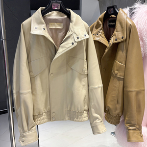 Blouson Bomber Oversize Ample en Véritable Peau de Mouton pour <span class=keywords><strong>Femme</strong></span>, Manteau Décontracté d'Automne en Cuir Véritable Grainé - Product Image 4