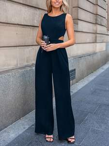 Combinaison <span class=keywords><strong>d</strong></span>écontractée et élégante pour femme, taille haute, ajourée, couleur unie, col rond, sans manches, jambe large, pour l'été - Product Image 3