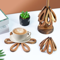 Ensemble de 4 dessous-de-plat et 1 support en bois d'acacia, pliables, écologiques, multifonctionnels, pour plaques chauffantes, en forme d'arbre décoratif