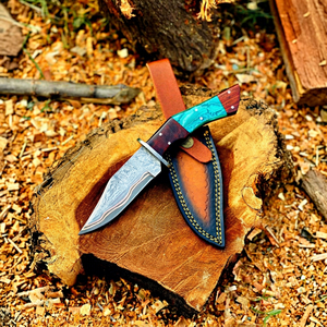 Couteau de chasse artisanal en acier Damas avec lame à pointe tombante, manche en bois et résine, pour survie en extérieur et camping, prêt pour l'EDC et l'expédition FBA - Product Image 1
