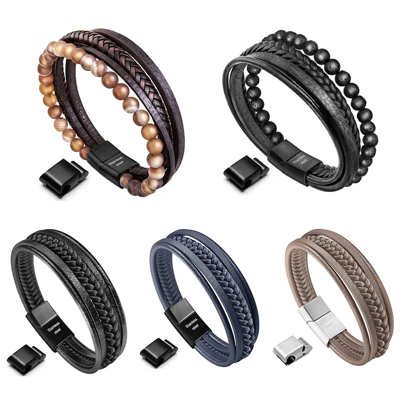 2023 Custom Genuine Leather Cuff Wrap Brown Bracelet for Men Black Multi-Layer Magnetic Clasp Wristband Man Leather Bracelet