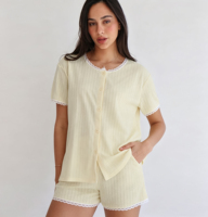 Pyjama d'été pour femmes QINSI, vêtements de nuit à manches courtes, dentelle, deux pièces, tricot côtelé, vêtements de maison pour femmes