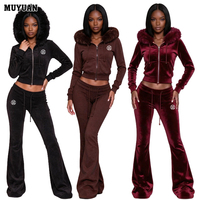 Ensemble de survêtement 2 pièces streetwear pour femme avec logo personnalisé, comprenant un sweat à capuche court à bords effilochés et un pantalon évasé taille haute, couleur unie, idéal pour l'hiver