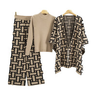 Ensemble de chandails décontractés pour femmes d'hiver, motif géométrique, design de châle haut de gamme, nouveau pantalon tricoté tendance, ensemble trois pièces