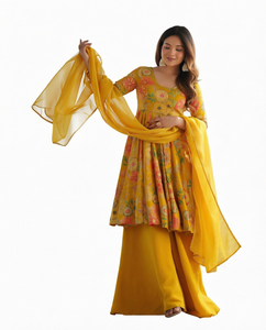 Ensemble de robe Anarkali en rayonne à fleurs jaunes, séchage rapide, avec dupatta, tenue traditionnelle indienne et pakistanaise pour femmes, pour les occasions spéciales et les tenues décontractées, toutes saisons - Product Image 1