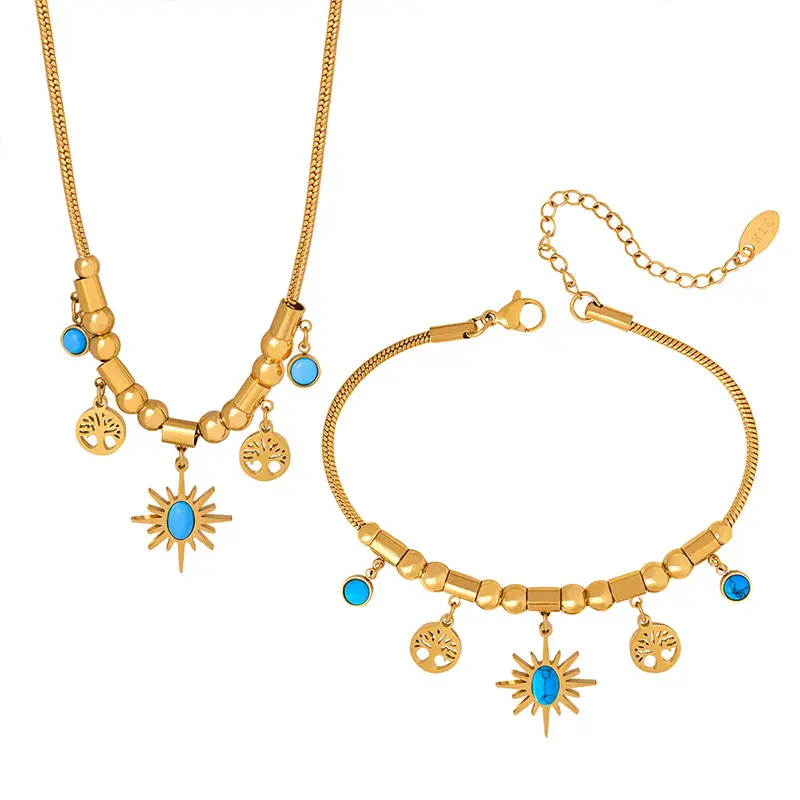 Ensemble de bijoux en acier inoxydable plaqué or 18 carats Irrégulier Petit Soleil Turquoise Pendentif Collier Creux Gland Bracelet pour femmes