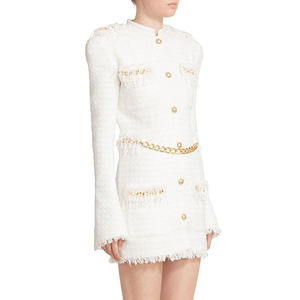 Abito Mini Invernale <span class=keywords><strong>Bianco</strong></span> con Catena, Spalle Imbottite, Maniche Lunghe in Tweed, <span class=keywords><strong>Vestito</strong></span> Casual da Ufficio - Product Image 4