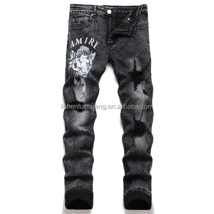 Men Street Retro Hip Hop Print Jeans High-waist