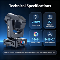 Mini projecteur à tête mobile 230W avec anneau d'ouverture LED RGB, 14 couleurs, 14 gobos, prismes 8+16+24 pour éclairage de scène
