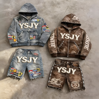 YSJY Fabricant Streetwear Personnalisé Applique Strass Surdimensionné Zip up Distressed Short Set Vintage Acide Lavé Survêtement Hommes