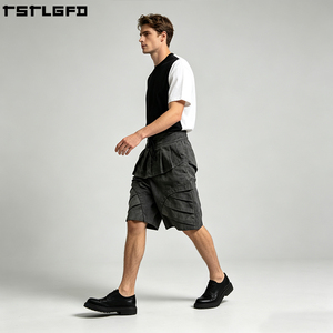 Pantalones Cortos Jorts de Streetwear con Pliegues Arquitectónicos, de Tela Pesada, Ecológicos, con Lavado Ácido, Diseño Desestructurado y Capas, de Color Liso - Product Image 3