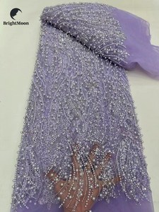 Sang Trọng Nặng Đầy Màu Sắc Nền <span class=keywords><strong>Net</strong></span> Ren Ngọc Trai Thêu Ren Vải Hạt Ren Vải Cho Ăn Mặc - Product Image 6