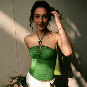 <b>Green</b> Knit Hollow <b>Halter</b> Tank <b>Top</b> Women Summer Eco-Friendly Breathable Hot Sale Beach Vacation Ruched Ribbons Slim Fit Backless - Product Image 5