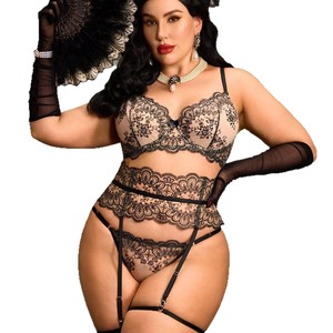 Completo Intimo Sexy Trasparente in Rete Dobby Sottile con Ricamo e Pizzo Ciglia, con Reggicalze, Taglie Forti, ODM per Feste <span class=keywords><strong>XXL</strong></span> XL - Product Image 5