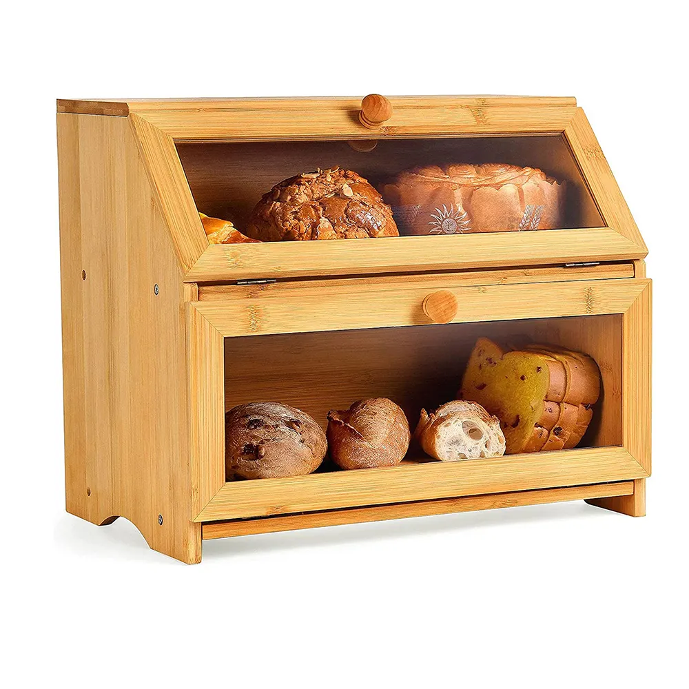 Caja de almacenamiento de madera para pasteles, caja de almacenamiento de pan con ventana frontal transparente, doble capa
