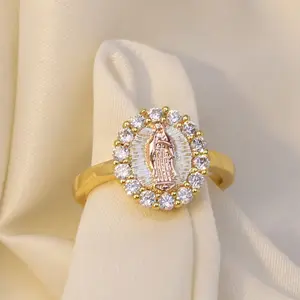 珠宝盒Anillos De Matrimonio Oro Laminado 18k金粉色天然钻石戒指圣母玛利亚模具戒指珠宝女性