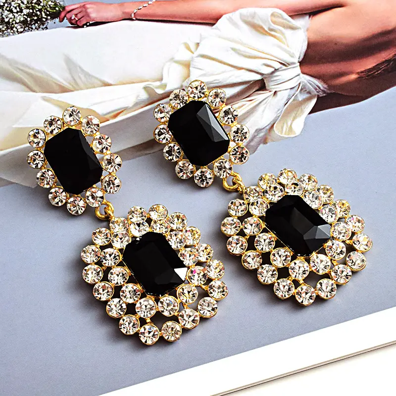 Jewelry Vintage Luxury Big Black Quartz Diamond Crystal Glass Stone Bling Silver Square Earrings for Women