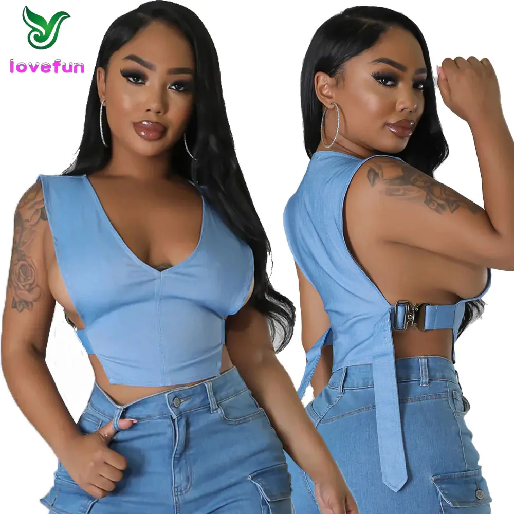 Fashion Women's 2023 Spring/Summer High Elastic Denim Adjustable Buckle Lace up Tank Top Women's Top