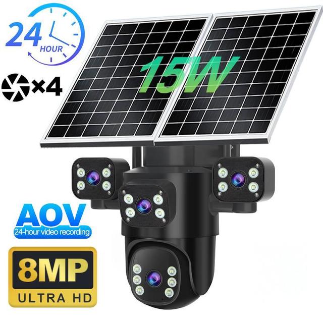 Four Lens 8MP AOV 4G LTE Solar Camera 10800mAh Outdoor Security Camera 24/7 Auto Tracking Human Motion 15W Solar Panel IP65