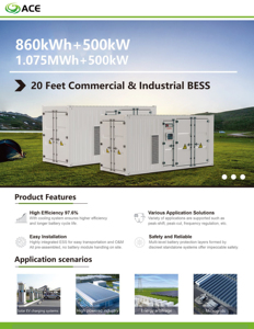 ตู้คอนเทนเนอร์ ACE ESS ขนาด 5MWH 1MWH 2MWH 500KWH แบตเตอรี่ลิเธียม Lifepo4 ขนาด 40 ฟุต ระบบกักเก็บพลังงานแสงอาทิตย์แบบ Bess ระบบระบายความร้อนด้วยอากาศ 500KW-5MW - Product Image 6