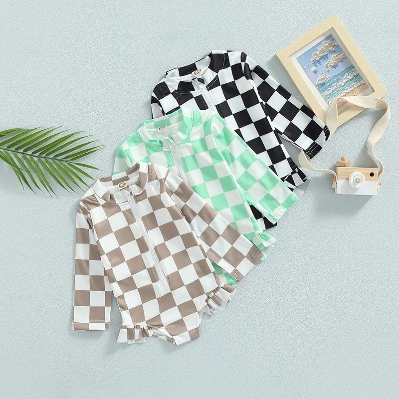 Traje de baño para niñas, traje de baño a cuadros para bebés, traje de baño para niñas, ropa de playa para niños, traje de baño triangular con cremallera para verano