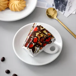 Grosir Logo Kustom Keramik Stoneware Espresso Latte Cangkir Kopi dengan Cawan