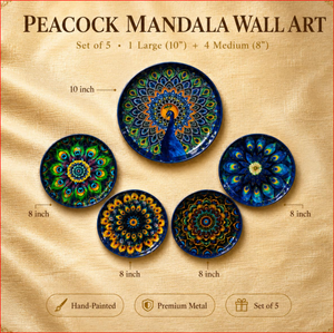 Juego de 5 Platos Decorativos de Pared con Diseño de Mandala de Pavo Real |   Arte de Pared de Metal Hecho a Mano para Sala de Estar, Dormitorio, Pasillo y Decoración del Hogar - Product Image 2