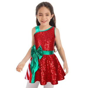 Kinder Mädchen Shiny Pailletten Streifen Patchwork Asymmetrische Schulter Big Bow Kostüme Weihnachts feier Kleid