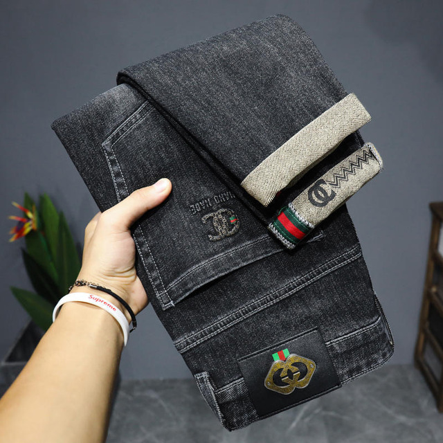 Men's New Fashion Jeans Elastic Slim Fit Denim Pants With Print Pattern Straight Style for Small Feet Summer Designer Clothing