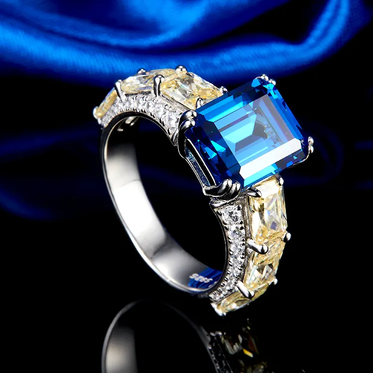 Modedesign 925 Silberschmuck 3A Zirkon Saphirring Damen blauer Steinring