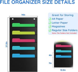 Sturdy 5-Pocket Foldable Wall <b>File</b> Organizer <b>A4</b> Documents Home Office School Mail Management Hanging Pocket Chart Black - Product Image 2
