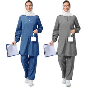 Para <span class=keywords><strong>SHEIN</strong></span> TaskFit 2 uds azul Color sólido minimalista enfermería Scrub uniforme conjunto botón frontal <span class=keywords><strong>manga</strong></span> <span class=keywords><strong>larga</strong></span> Hospital Doctor camisa - Product Image 5