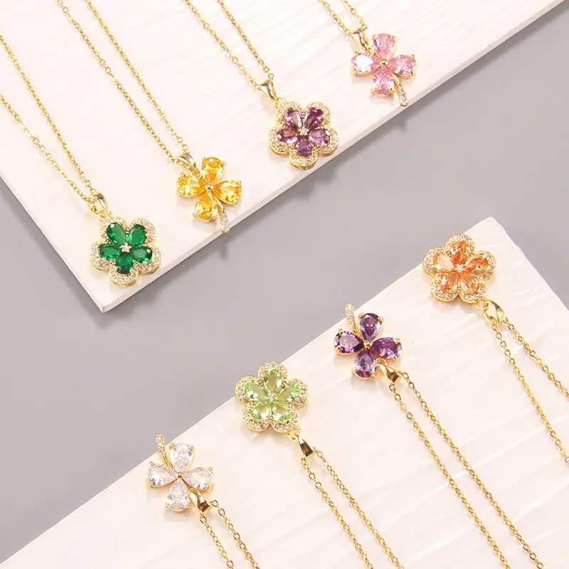 Korean Ins Simple Temperament Color Zirconia Collarbone Chain Full Diamonds Crystal Four Leaf Titanium Steel Necklace Female