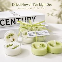 Boîte cadeau de bougies chauffe-plat rondes avec fleurs séchées intégrées, lot de 4 pièces, décoration de feuilles végétales, boîte transparente, ruban vert, décoration d'intérieur