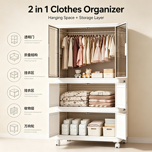 Armario de Plástico Plegable de 80 cm de Ancho con Ruedas, Puerta Transparente, Armario de Almacenamiento de Ropa Colgante para Dormitorio o Cuarto de Niños - Product Image 2