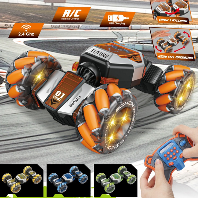 AJB 2.4G Remote Control Car 3 in 1 Gesture Sensing Remote Control Car Face Changing Twisting Stunt Car Gift for Kids