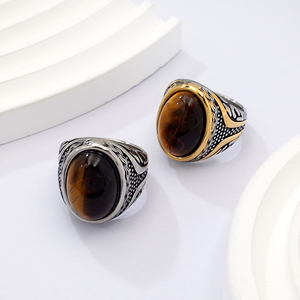 Großhandel Vintage Punk Mode Große Türkei Ringe für Herren 18K Vergoldet Zweifarbiger Muschel-Tigerauge-Stein Edelstahl Schmuck - Product Image 6