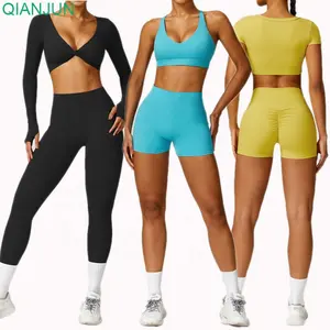 Set Yoga wanita lengan panjang, Set pakaian olahraga wanita, Legging Gym, leher V, lengan panjang, setelan Yoga wanita