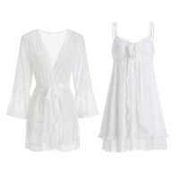 ODM dos piezas otoño primavera satén Sexy transparente Halter camisón encaje camisón Lencería mujer ropa de dormir casa vestido conjunto